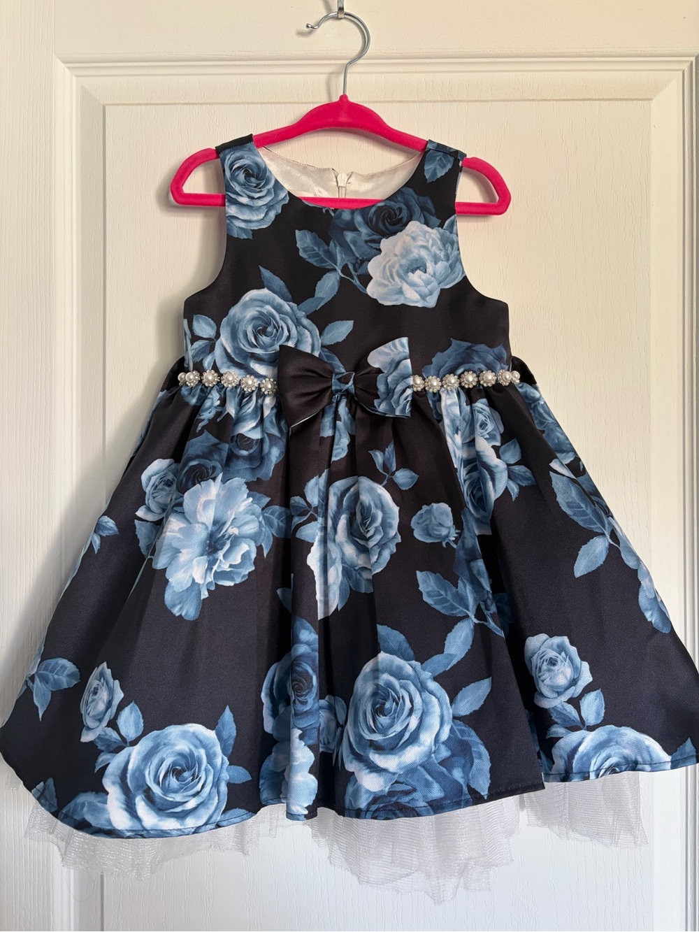 Couture Princess 4T Blue Floral Pearl-Belt Toddler Party Dress with Bow